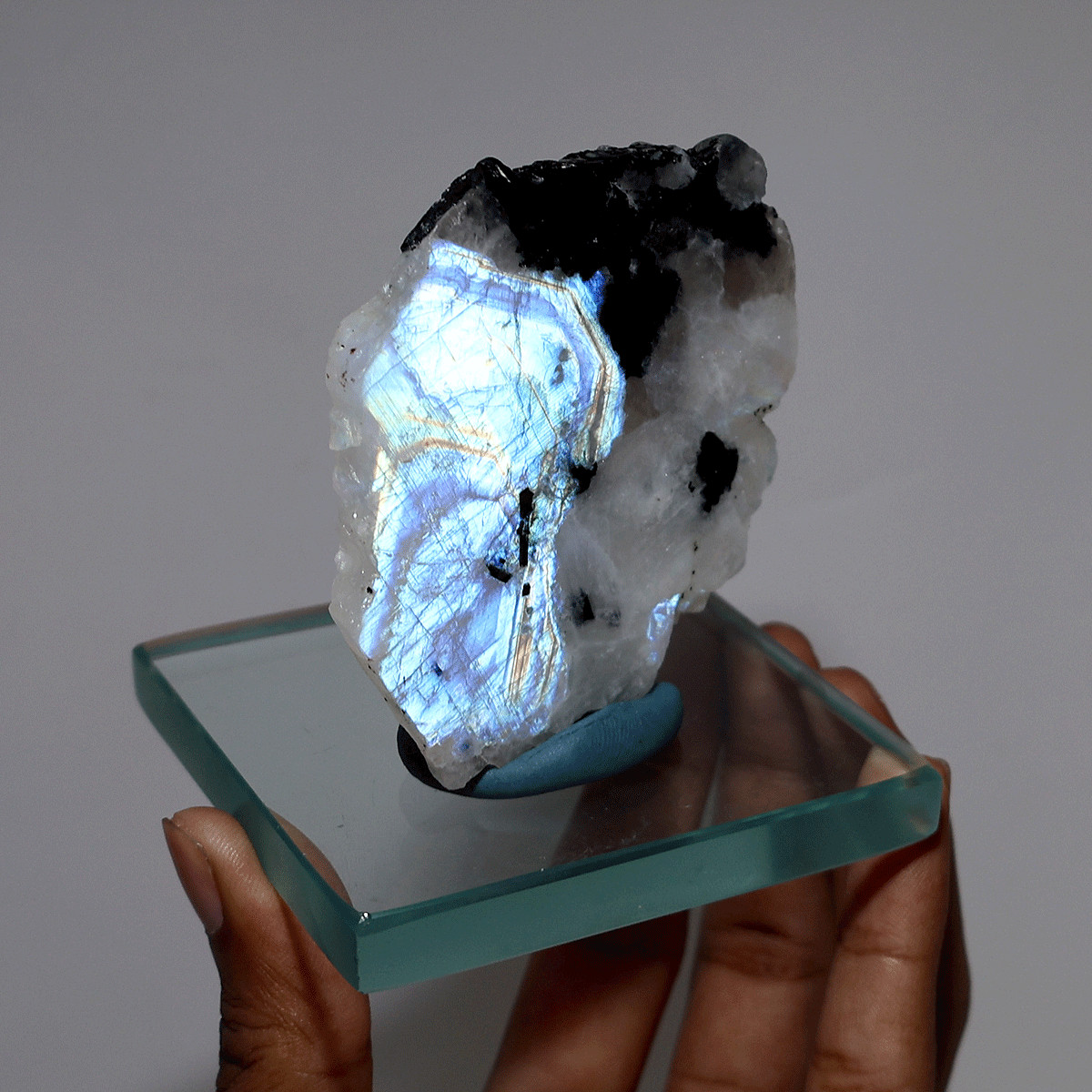 Divine Intuition — Natural Rainbow Moonstone W/ Tourmaline Electric Fire Slab