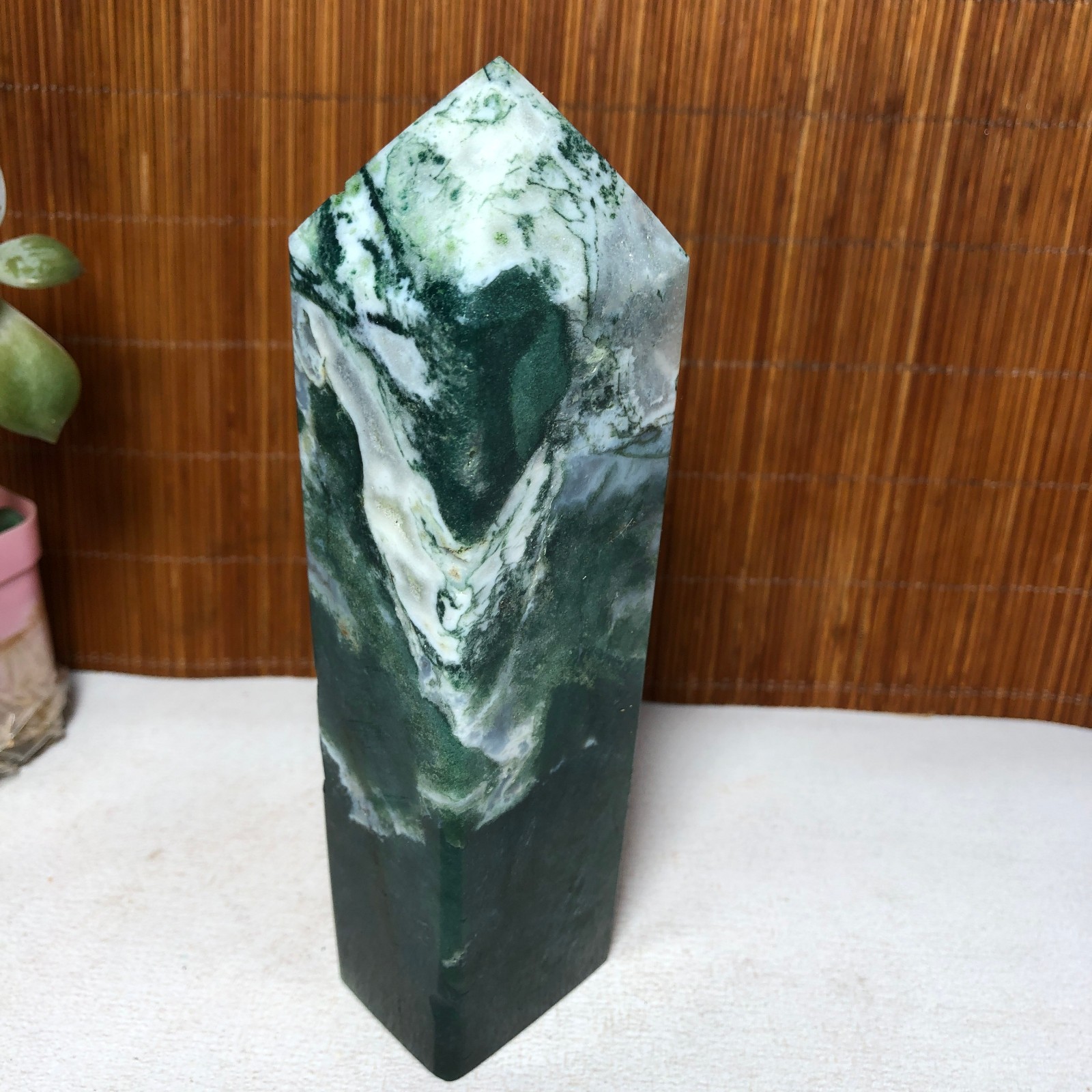 157mm Natural Polish Moss Agate Multiple veins Crystal Wand free standing A2286
