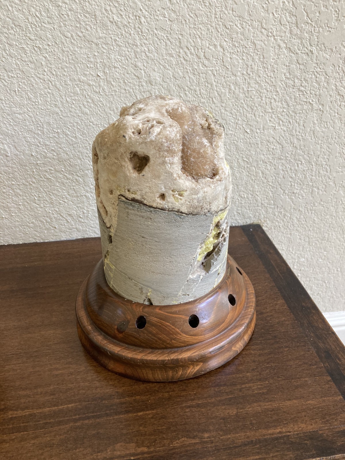 Natural Geological Drill Core w Crystals on Walnut Wood Pen Holder Display Base
