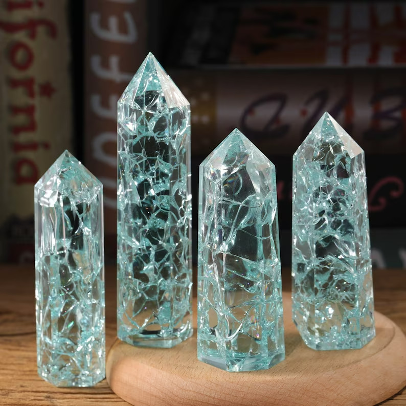 Polished Blue Crackle Quartz Tower Point Obelisk Healing Crystal Minerals Decor