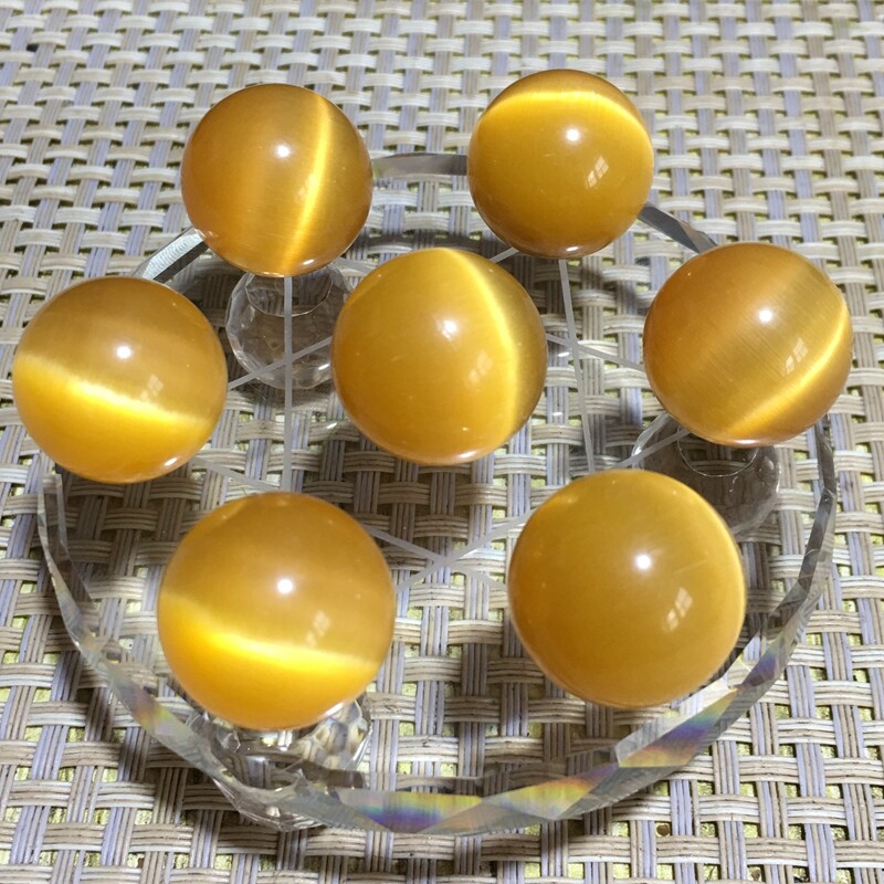 7pcs 20mm Grade A yellow Glass cat’s eye ball Sphere healing crystal +base r608
