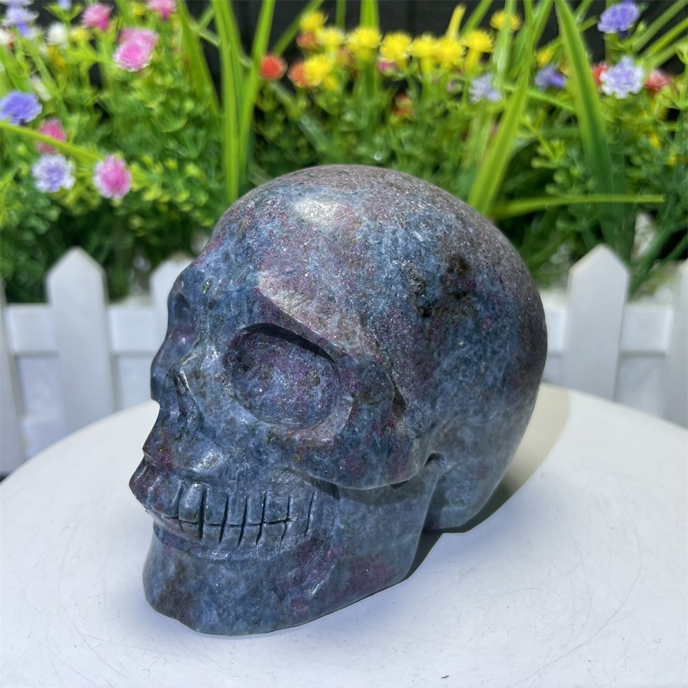 1.3LB 3.1″ Natural Ruby In Fuchsite Skull Carving Crystal UVHealing Carved Decor