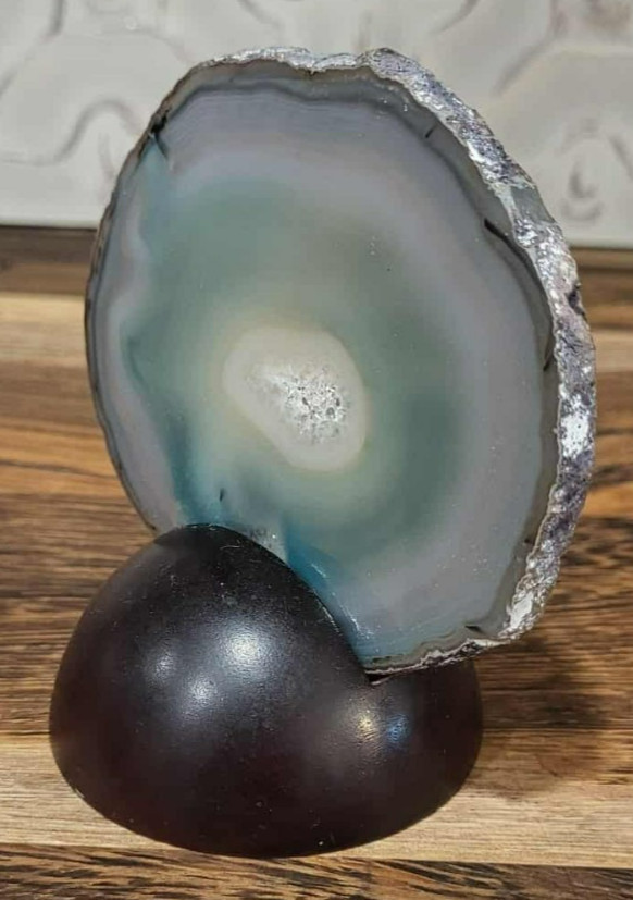 Blue Agate Geode Slice on Wooden Stand Brazil 3.75″ Natural Crystal Decor