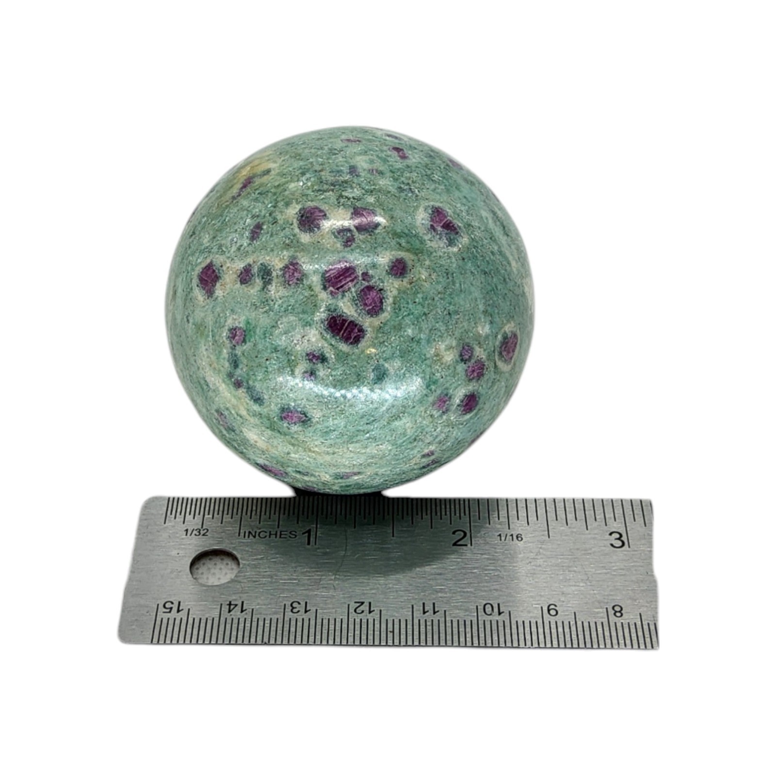 Ruby in Fuchsite, 2 3/8″, India, sphere, display specimen, #R-6752