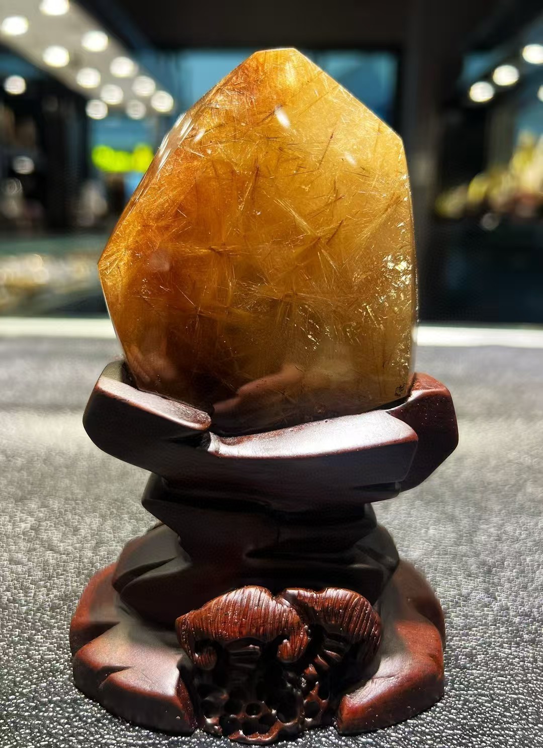324g TOP Natural Rutilated crystal quartz mineral specimen reiki Decor+stand