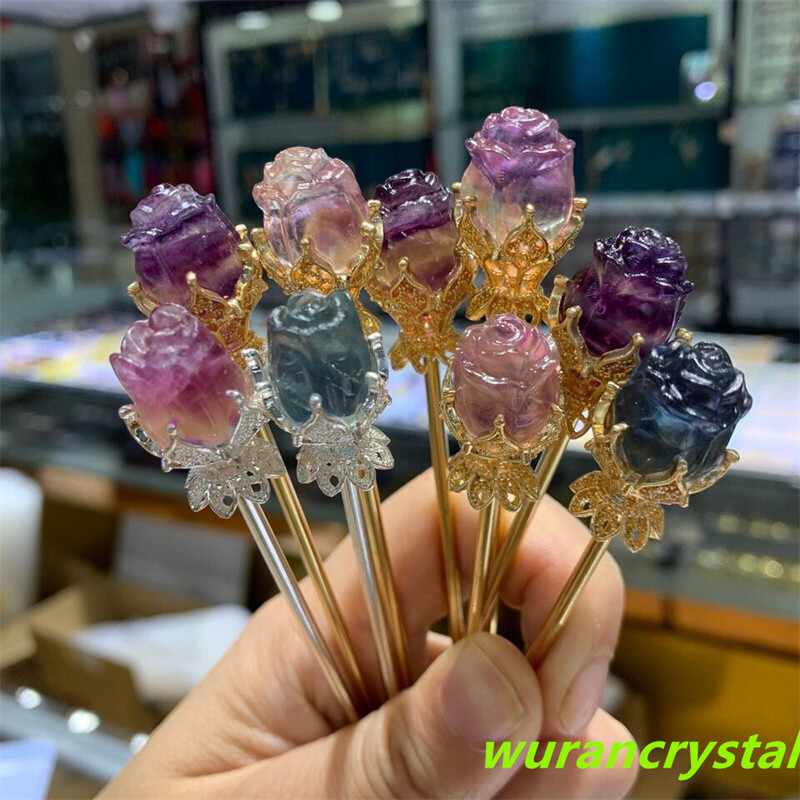 5pc Natural fluorite Rose flower skull carving quartz crystal Reiki healing