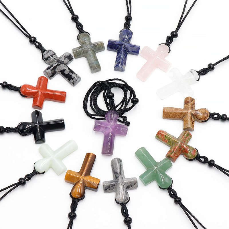 Natural Quartz Crystal Gemstone Crucifix Pendant Healing Reiki Necklace Amulet
