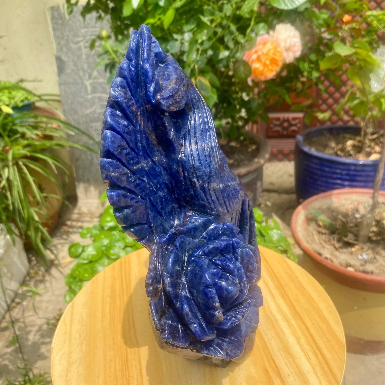 7.71LB Natural Blue Vein Stone Phoenix Carving, Home Decoration