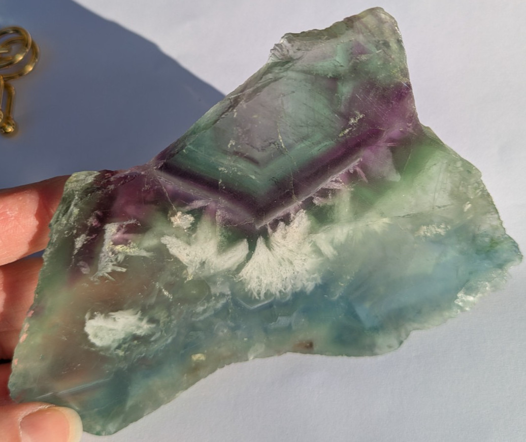 Purple Green Fluorite geometric banding w/snowflake feather slab crystal Unique!