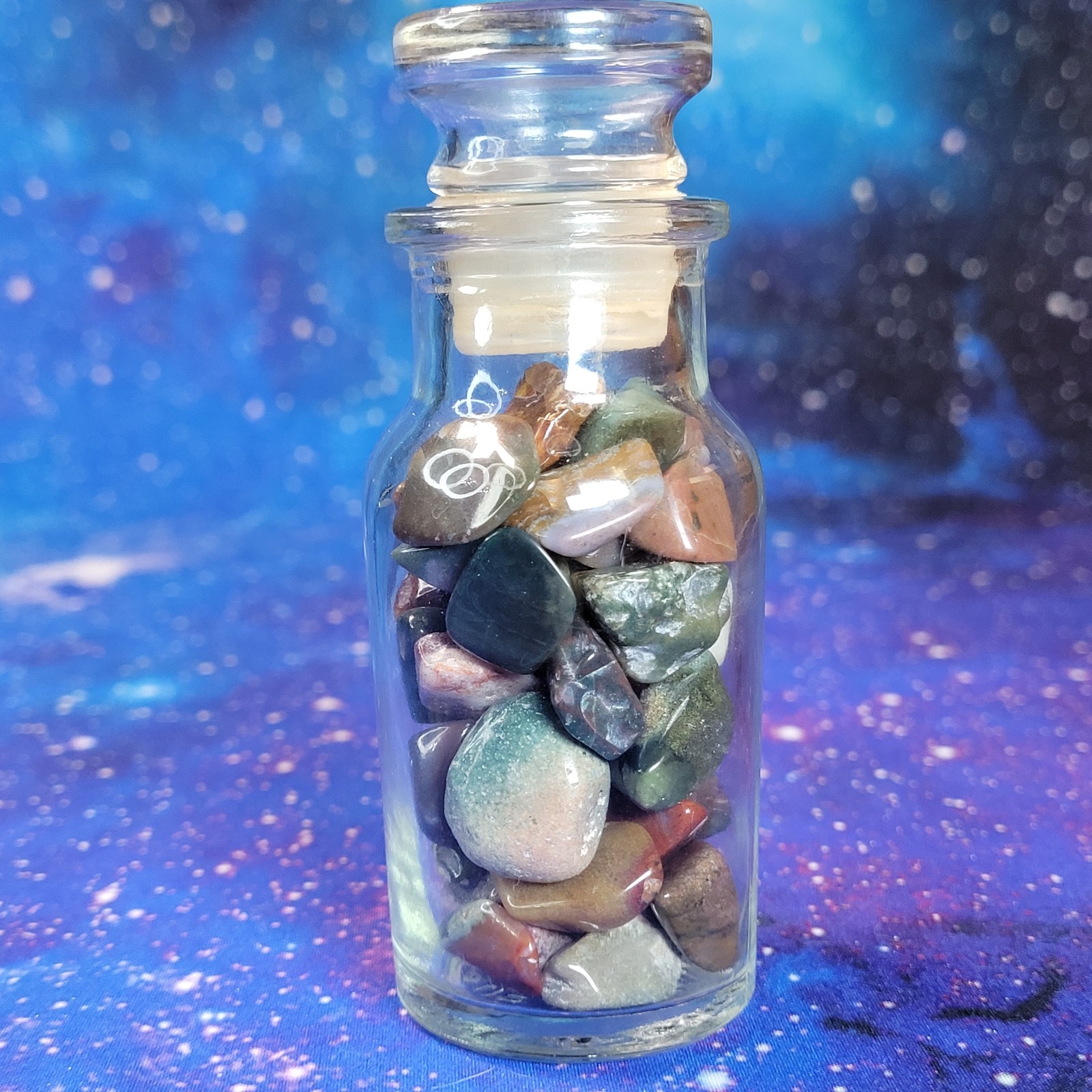 Ocean Jasper Natural Stone Tumbles in Vintage 4 oz Apothecary Glass Jar *Video*