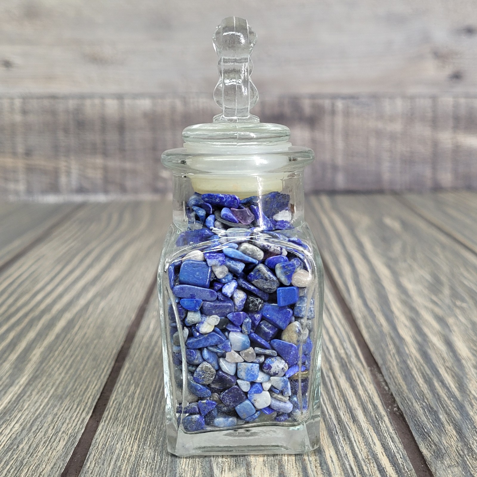 3.5 oz Lapis Lazuli Crystal Tumbled Chips in Vintage Ornate Apothecary Glass Jar