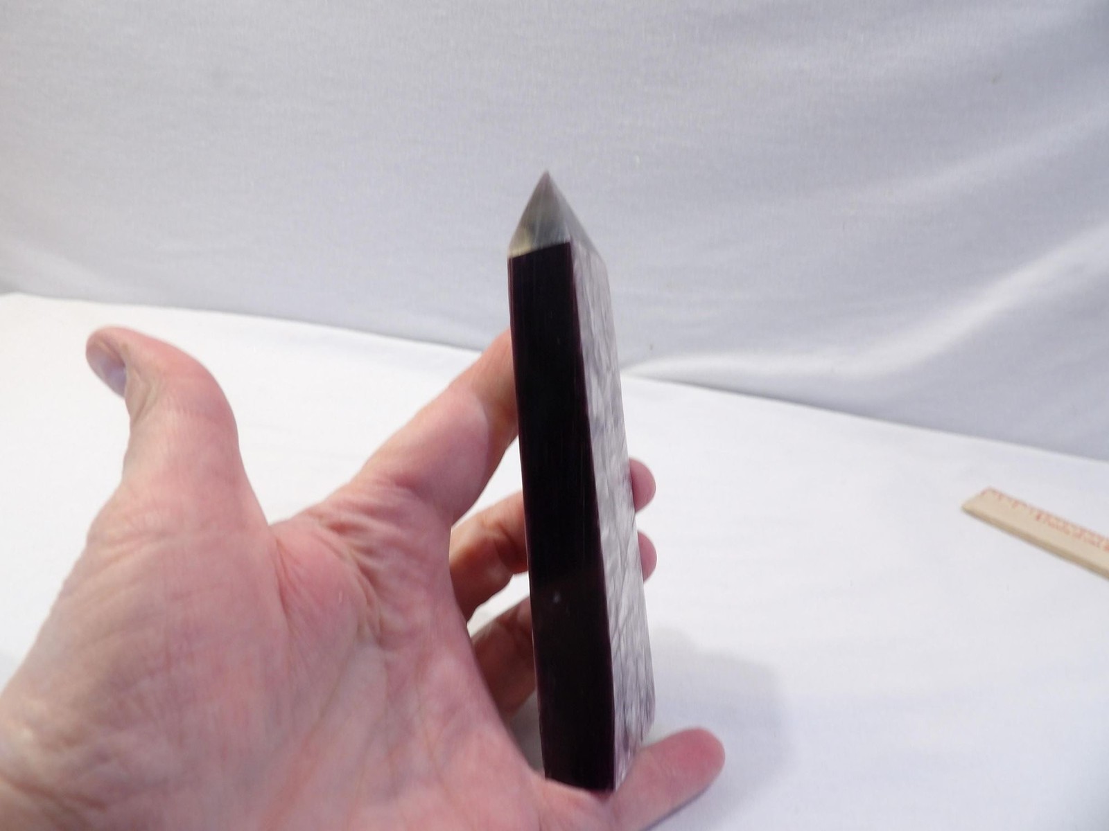 Natural gem lepidolite metallic purple mica tower point, 175g, 5.25″L