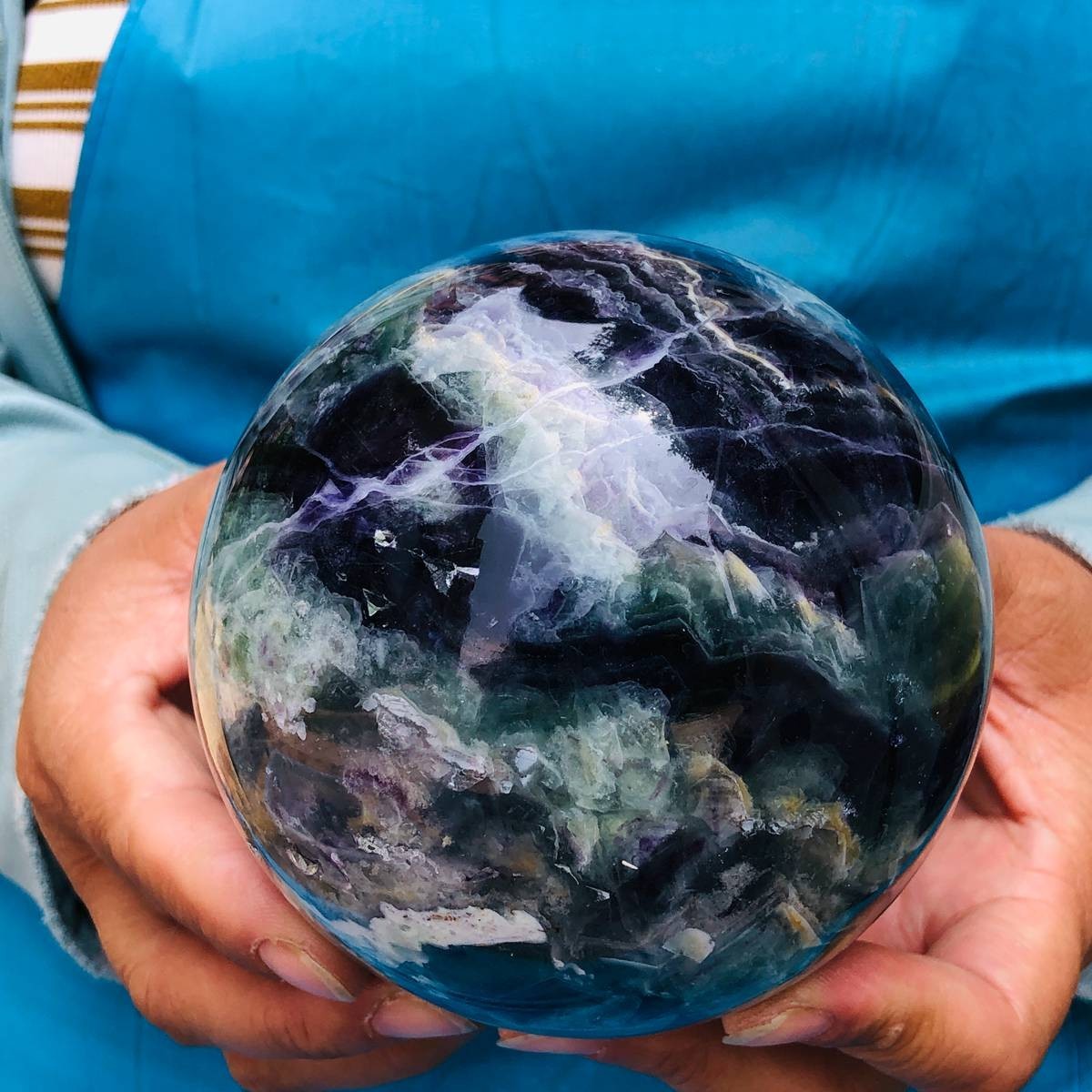 3.74LB Natural Crystal Rainbow Fluorite Sphere Display Ball Reiki Healing