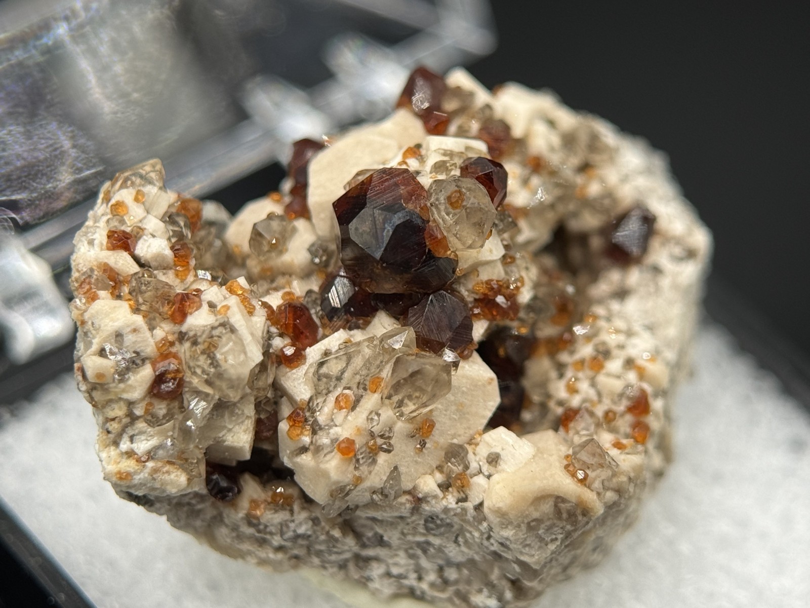 Exceptional spessartine garnets on smoky quartz & microcline from Fujian, China