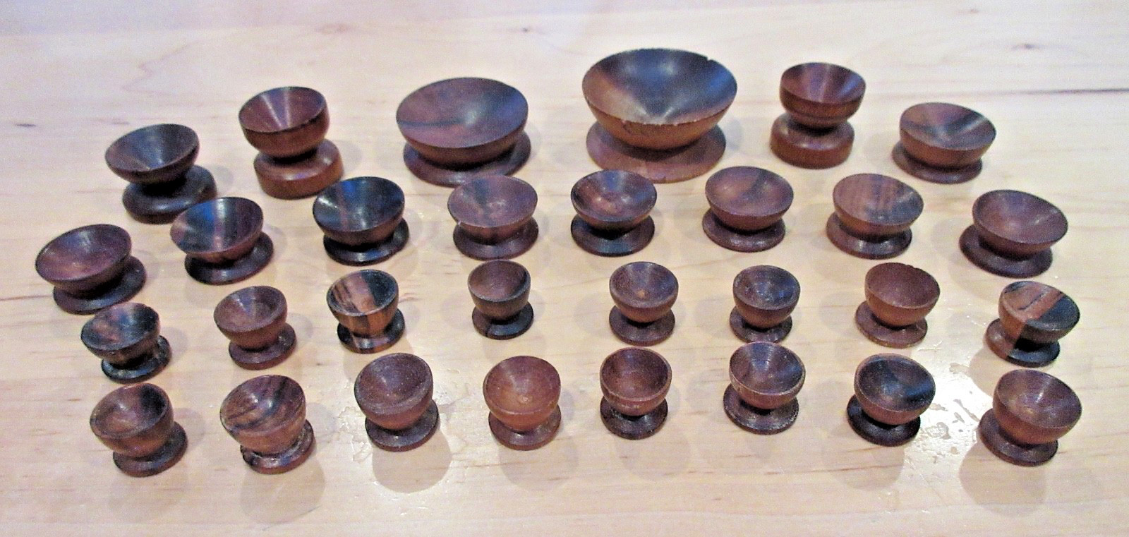30 PIECE LOT HANDMADE CARVED WOOD DISPLAY STANDS CUPS FOR MARBLES SPHERES EGGS!