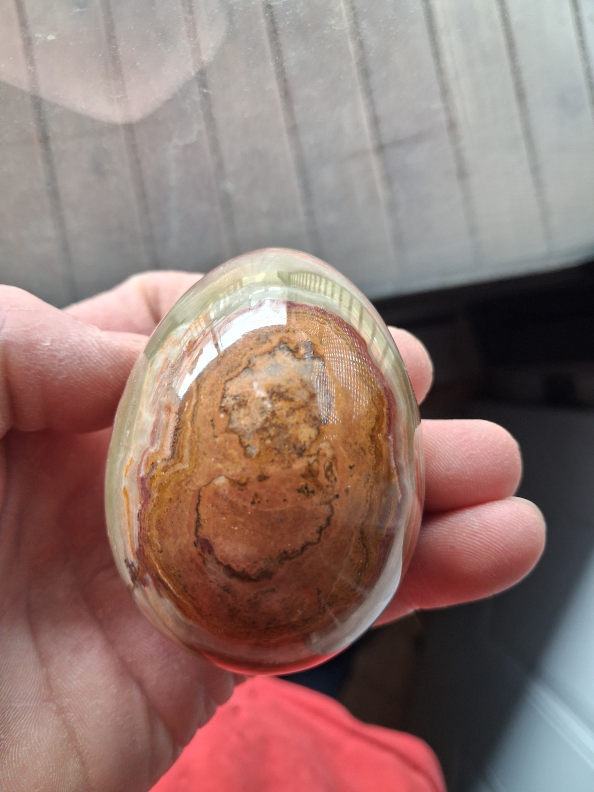 Banded Onyx Polished Egg Displayed on Hexagon Onx Base W/Wood Stand Beautiful!