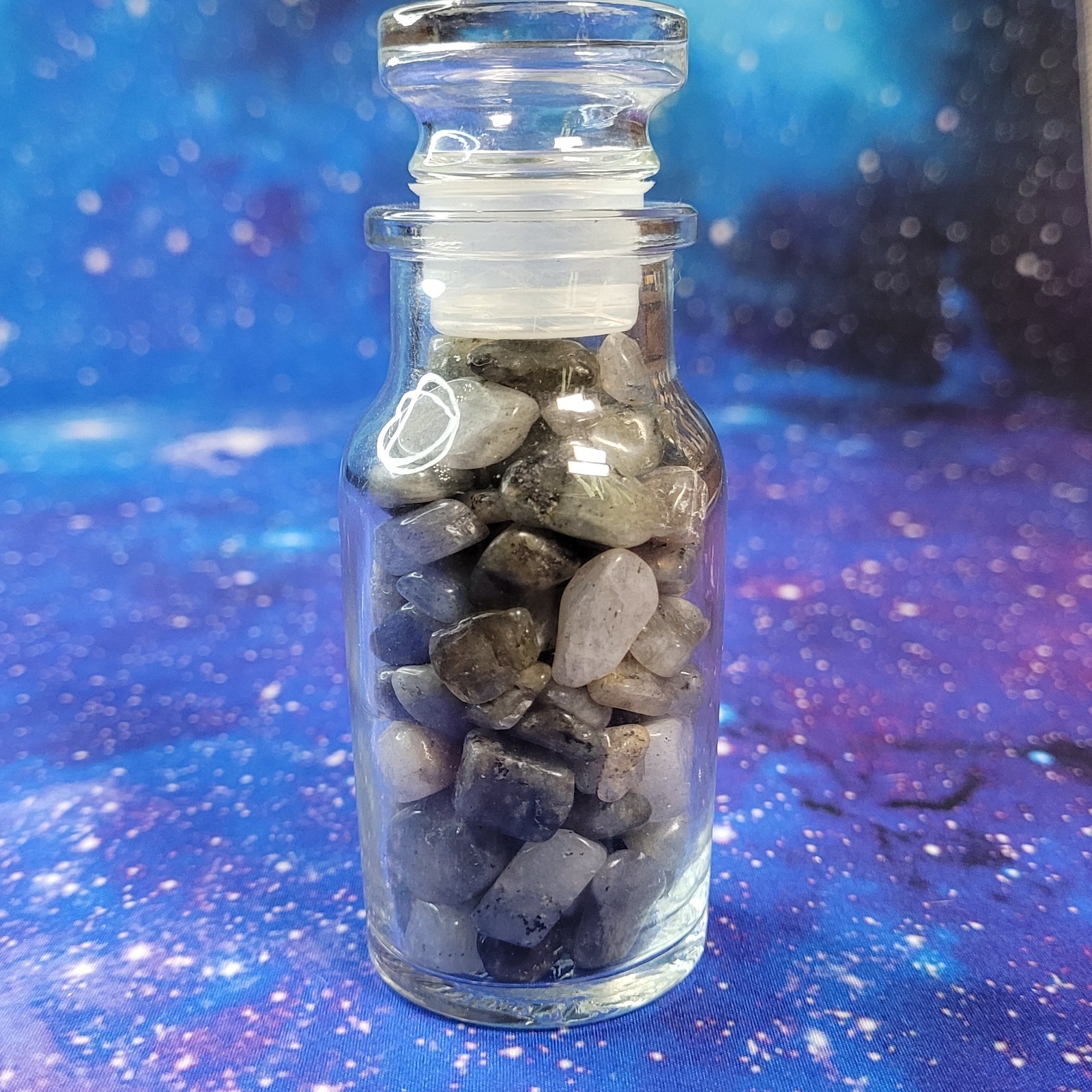 1/4 lb Labradorite Crystal Tumbles in Vintage Apothecary 4oz Glass Jar Witchy
