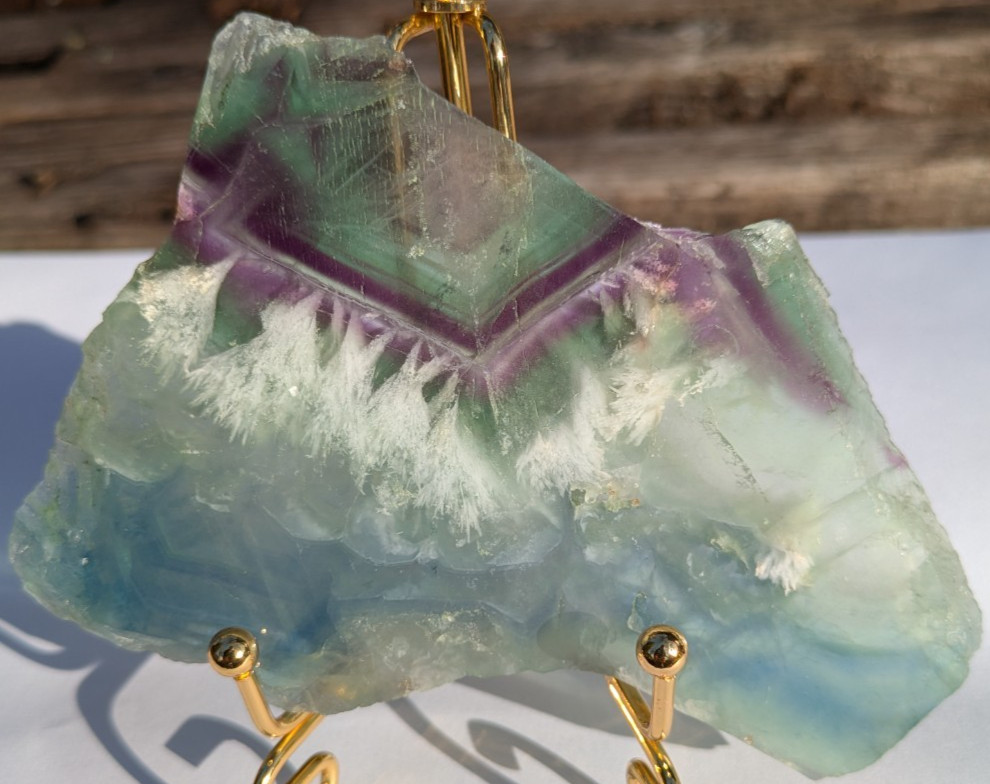 Purple Green Fluorite geometric banding w/snowflake feather slab crystal Unique!