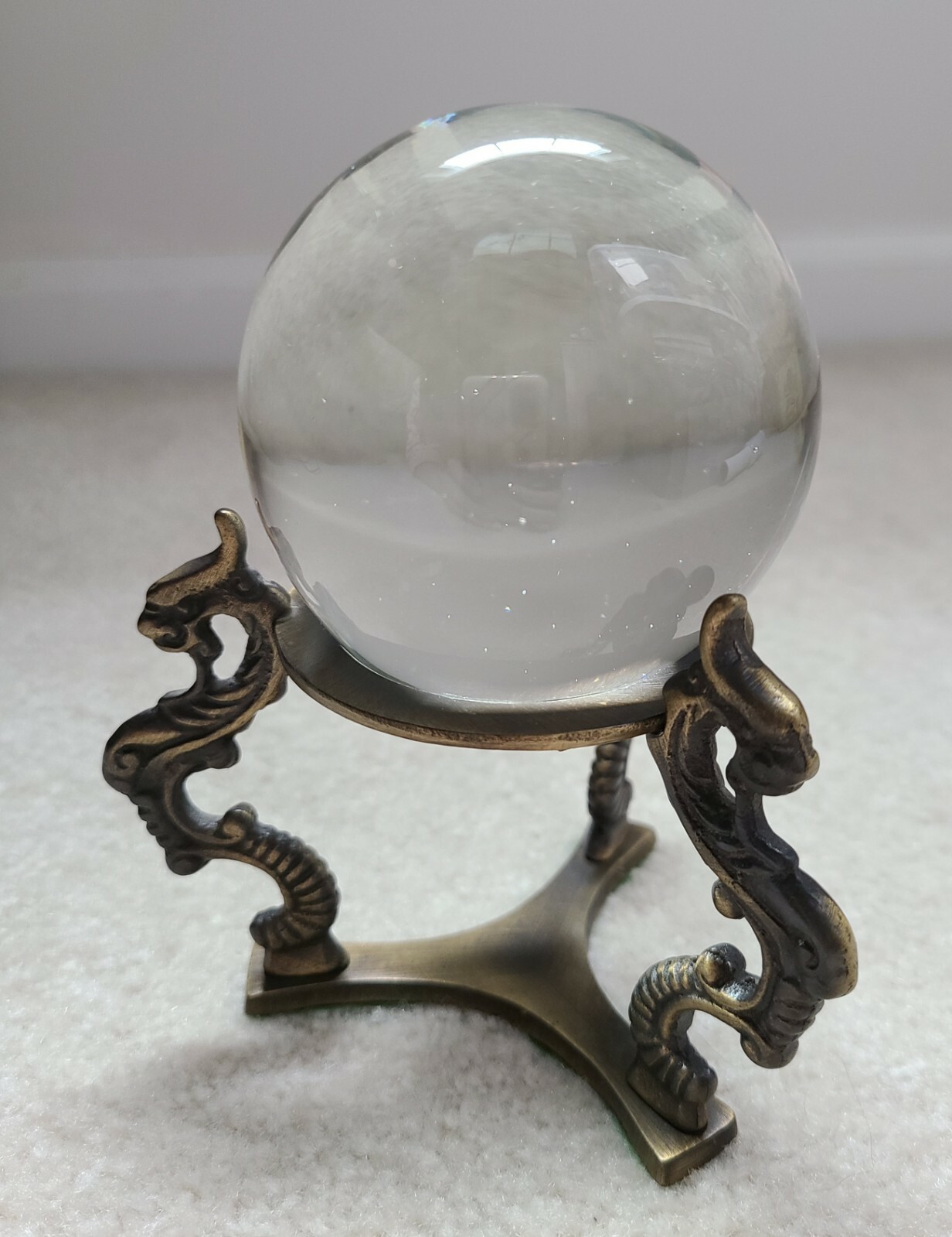 Clear Crystal on Brass Dragon Stand No Chips Not Round has Flat Bottom 3″