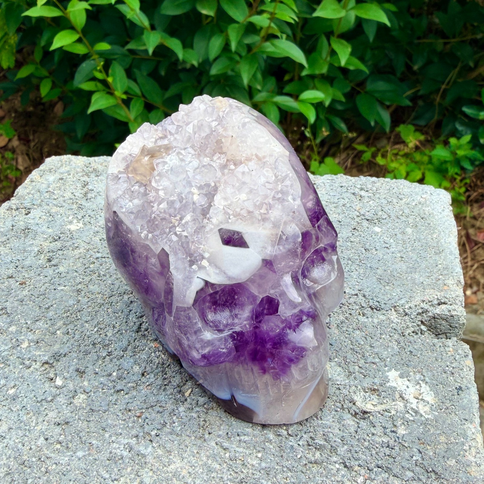 493g Amethyst agate crystal cave skull, Rare hand carved skull specimen