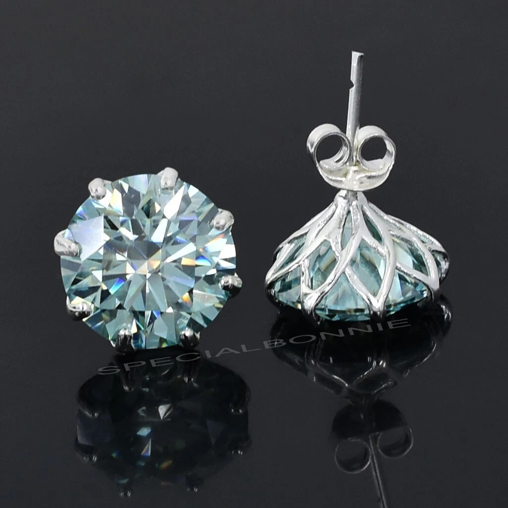 16.00 Ct Blue Diamond Earrings 13mm VVS1 Round Cut 925 Silver HPHT Studs