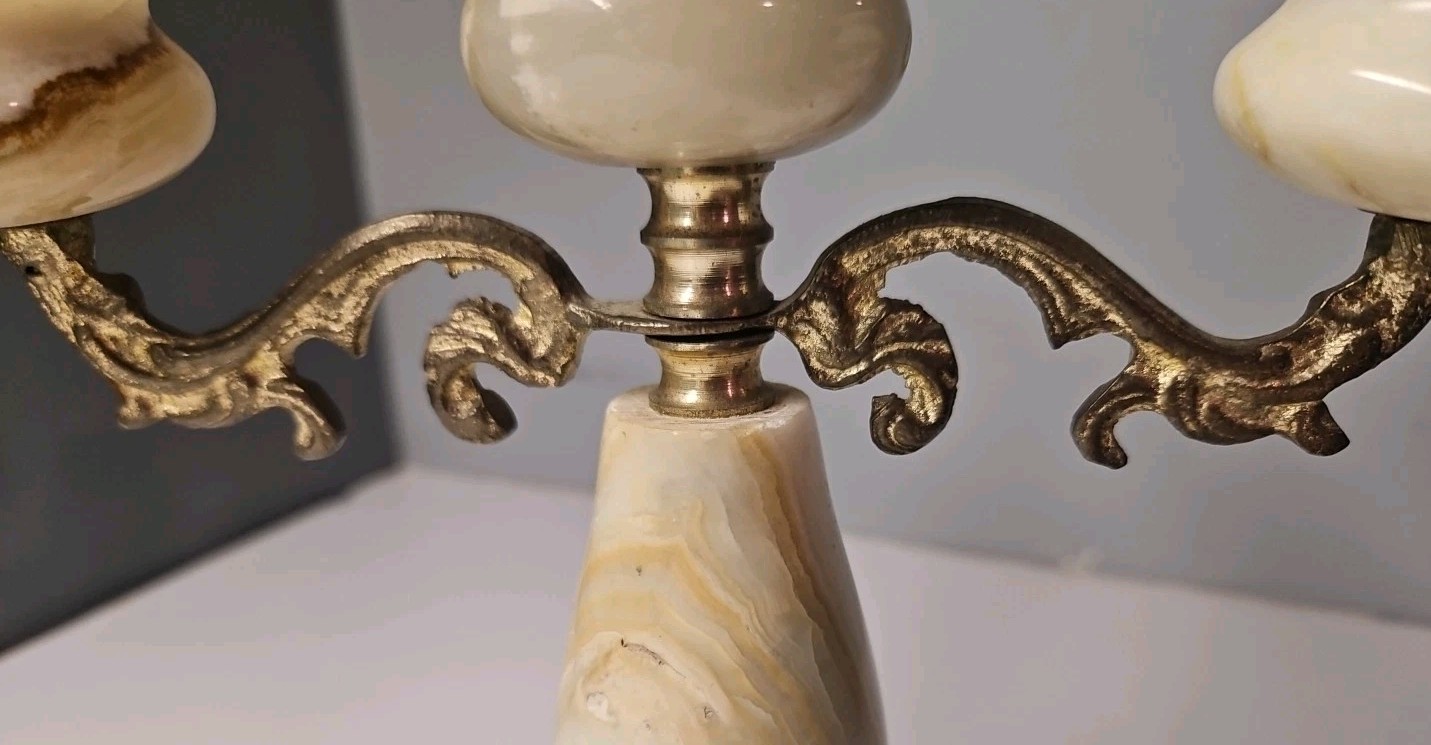 VTG Agate Gemstone and Brass Marbled Carved Candelabra Candle Holder 8″ Tall