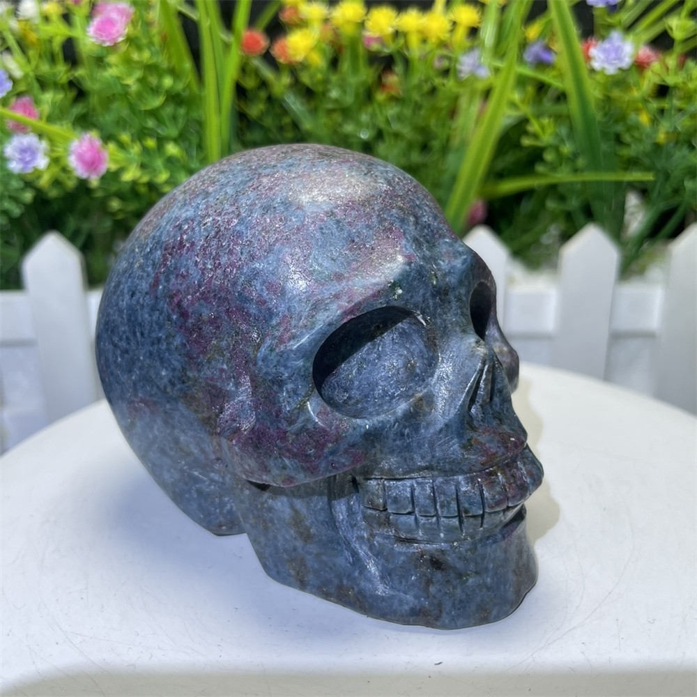 1.3LB 3.1″ Natural Ruby In Fuchsite Skull Carving Crystal UVHealing Carved Decor