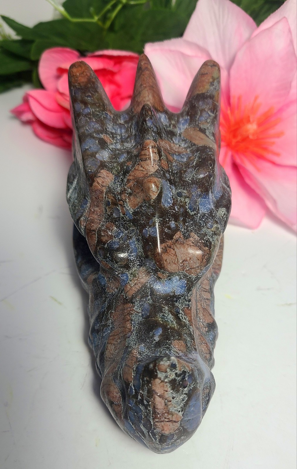 Large 5″ 575g Que Sera Llanite Dragon Skull Head Crystal Carving Stone Statue