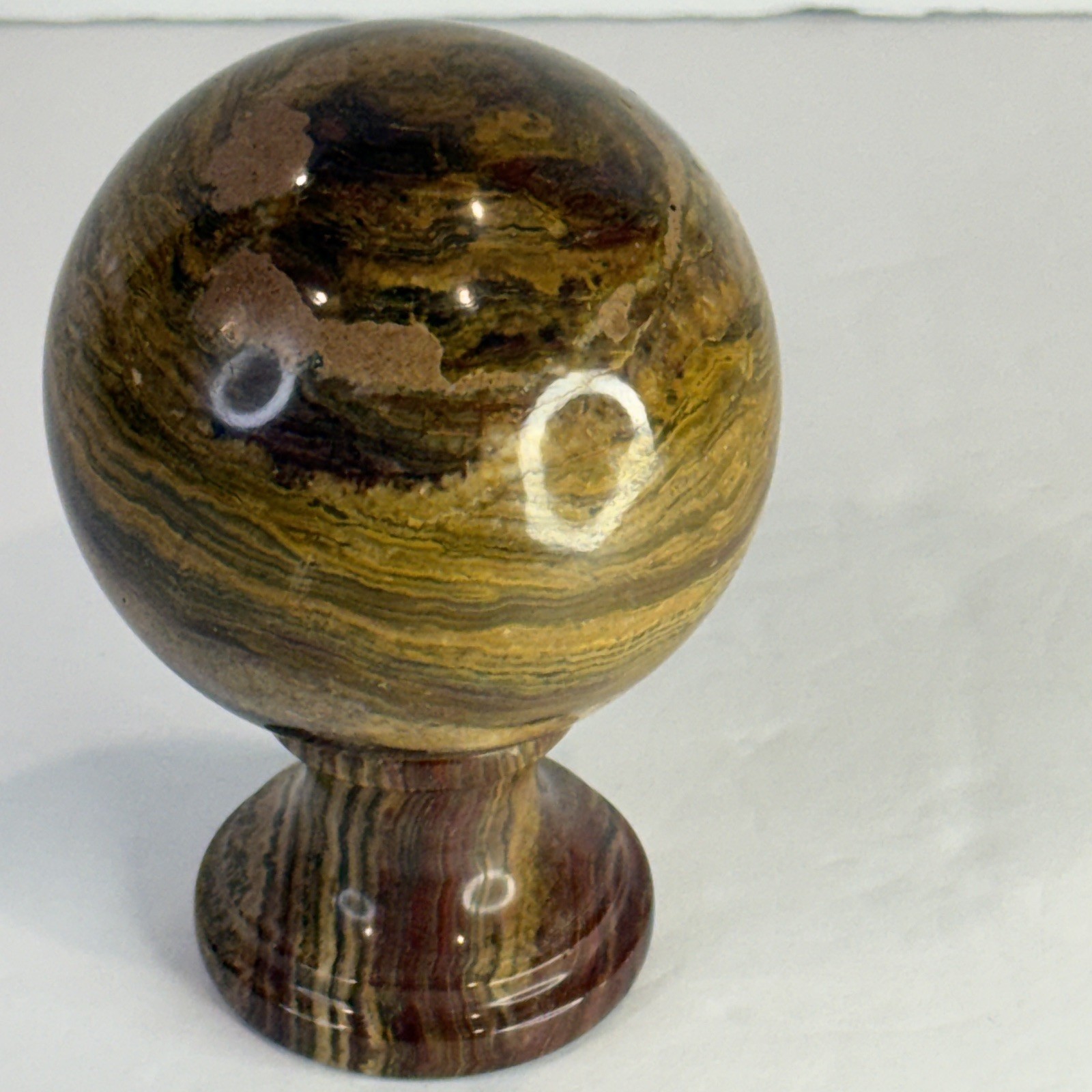 Collector-Grade Banded 🤎 Brown Onyx Sphere on Pedestal • 631g Natural Stone