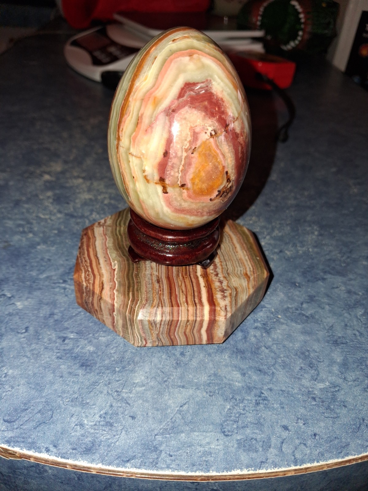 Banded Onyx Polished Egg Displayed on Hexagon Onx Base W/Wood Stand Beautiful!