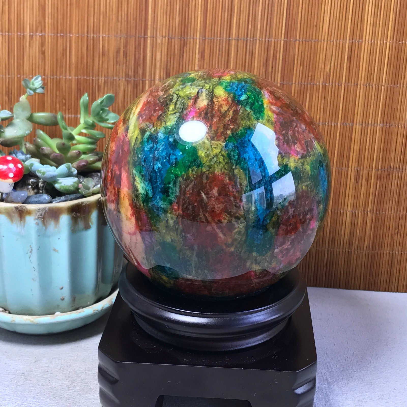 Natural “Seven Colors Jade” sphere Ball -Taiwan China 1.85kg Base Random A5809