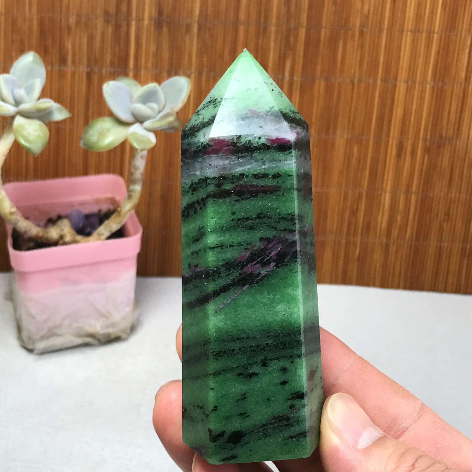 101-35-28mm Natural epidote wand Obelisk Crystal Quartz specimens 210g A3467