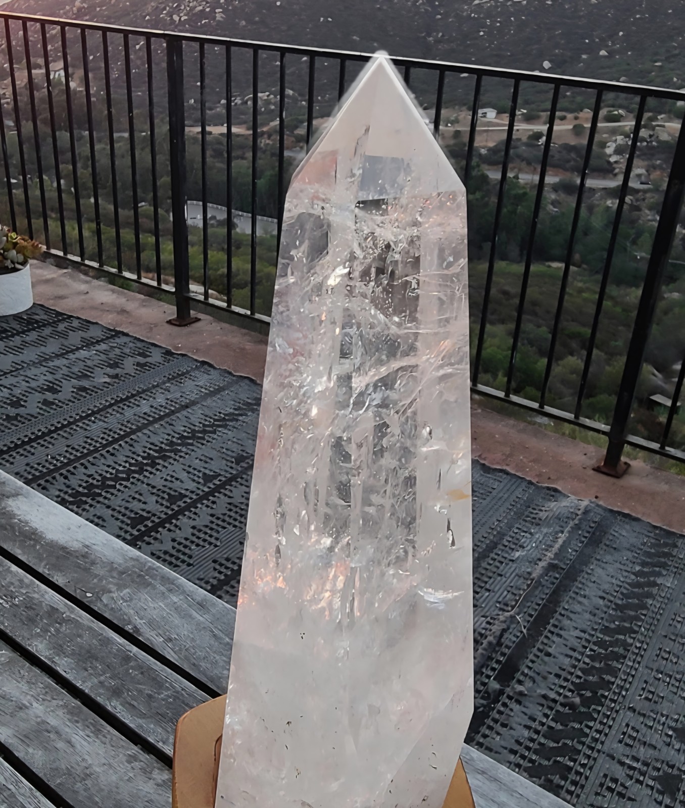 Clear Quartz Crystal Point/Tower Display Specimen w/ Wooden Stand, 12 in.