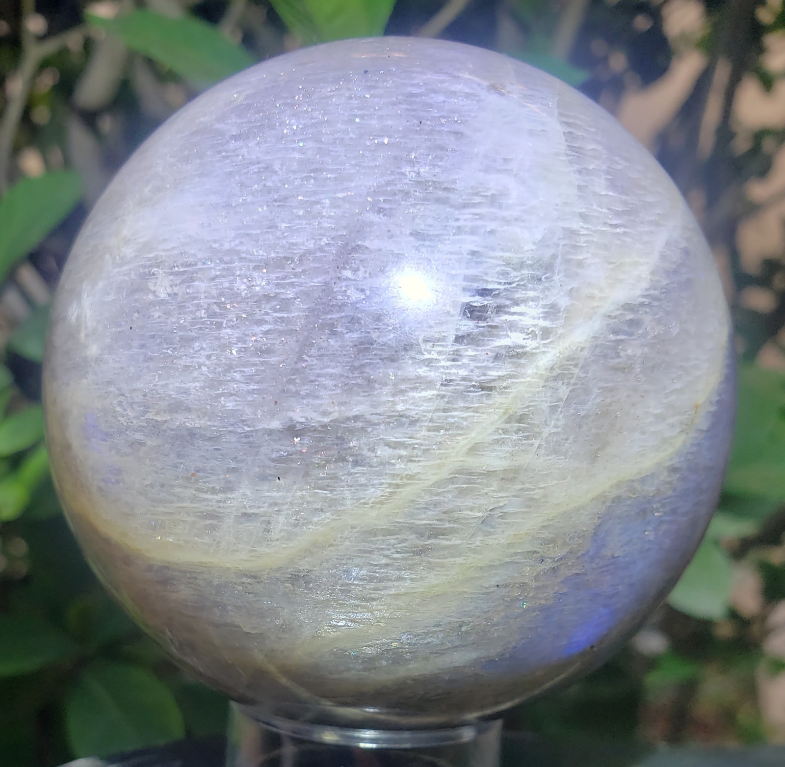 2.9″ Iridescent Black Moonstone Sunstone Sphere, Blue Flash Crystal Orb, 548g