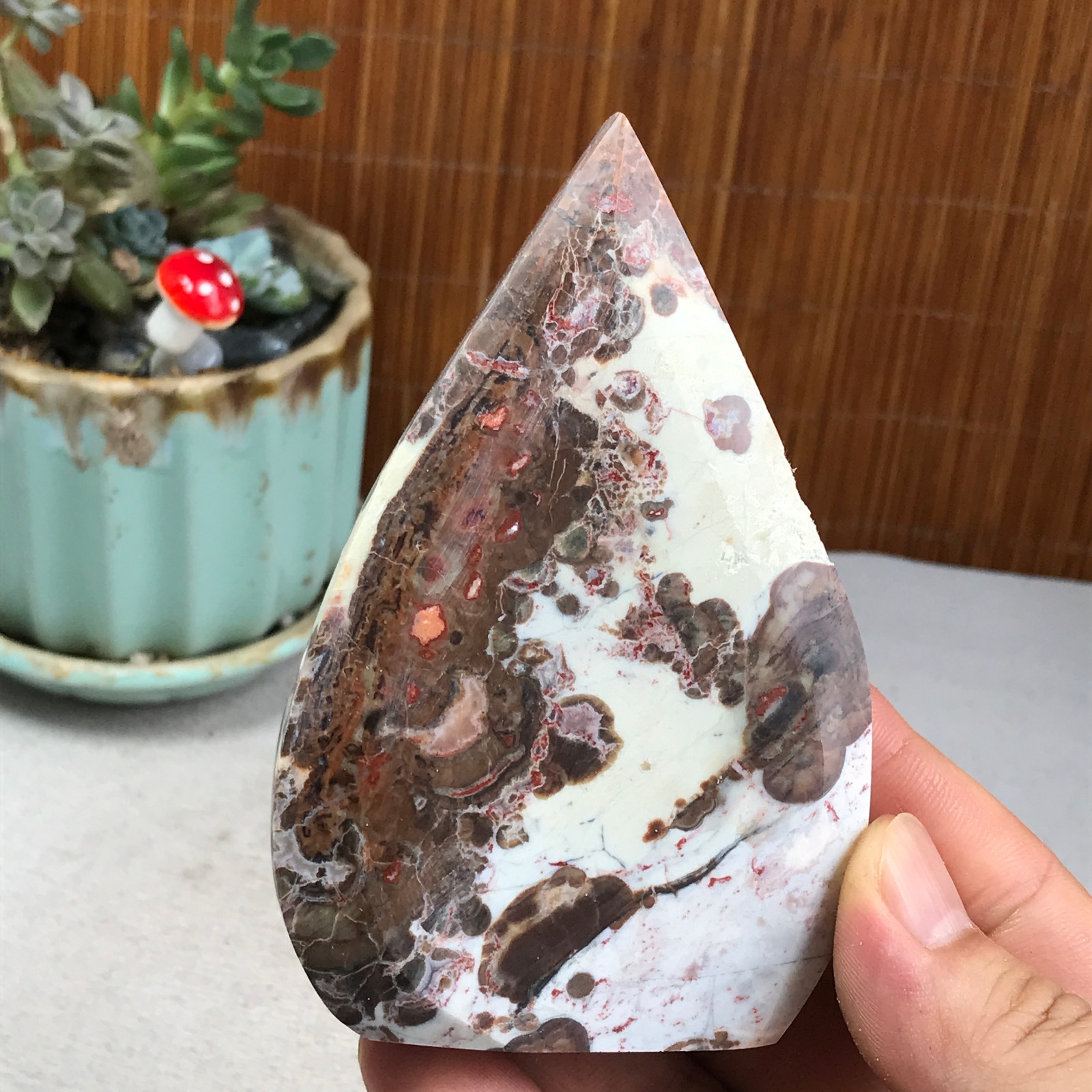 Natural money Mexico agate hand carve leaf Crystal Specimen free standing A6272