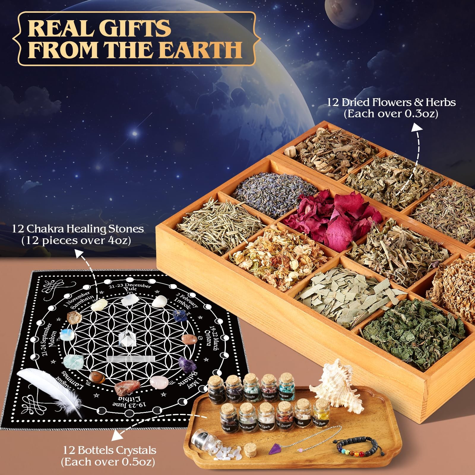 80pc Witchcraft Supplies Kit – Wiccan Starter Set w/ Crystals, Herbs, Spell Cand