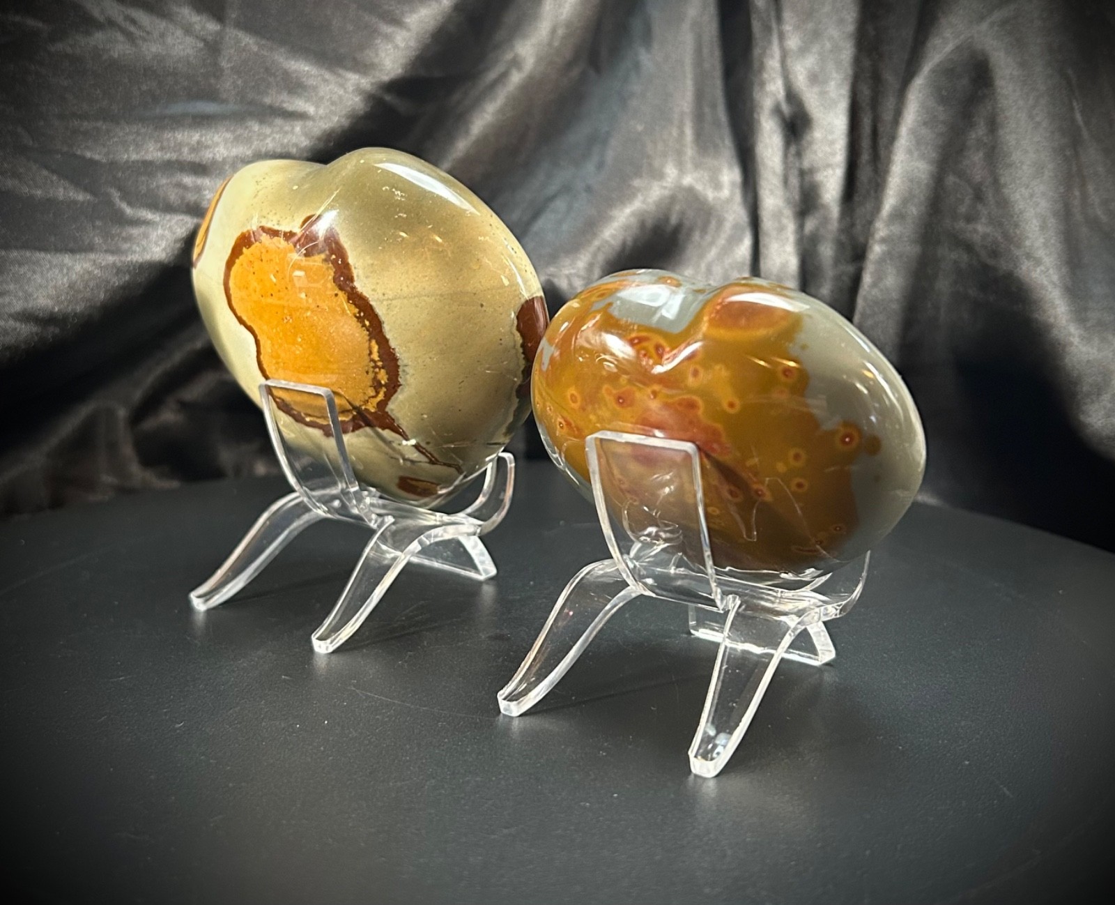 Chunky Polychrome (Desert) Jasper Heart Pair with Acrylic Stands 1lb 3.9oz total