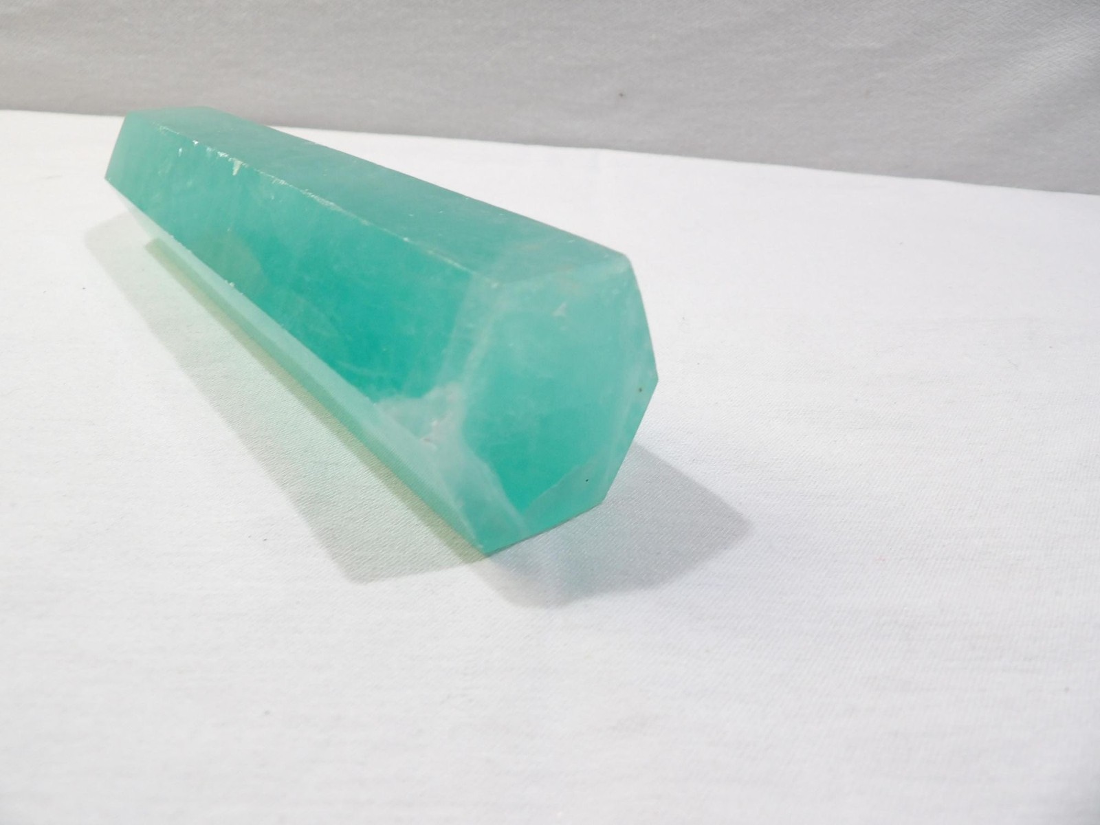 Green fluorite crystal tower, hexagon column obelisk, 6.75L X 1.75W, translucent