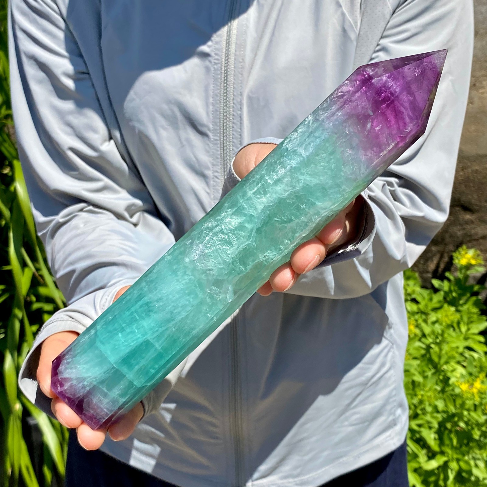 2.16LB Natural Rainbow Fluorite Obelisk Quartz Crystal Wand Tower Point Healing