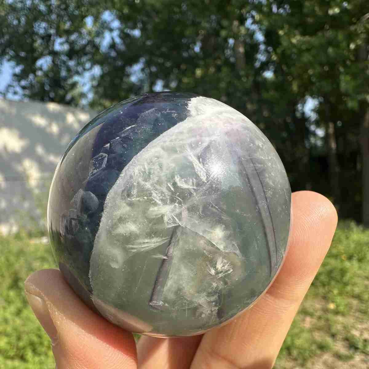 210g Natural Feather Fluorite Quartz Sphere Crystal Ball Reiki Healing Decor