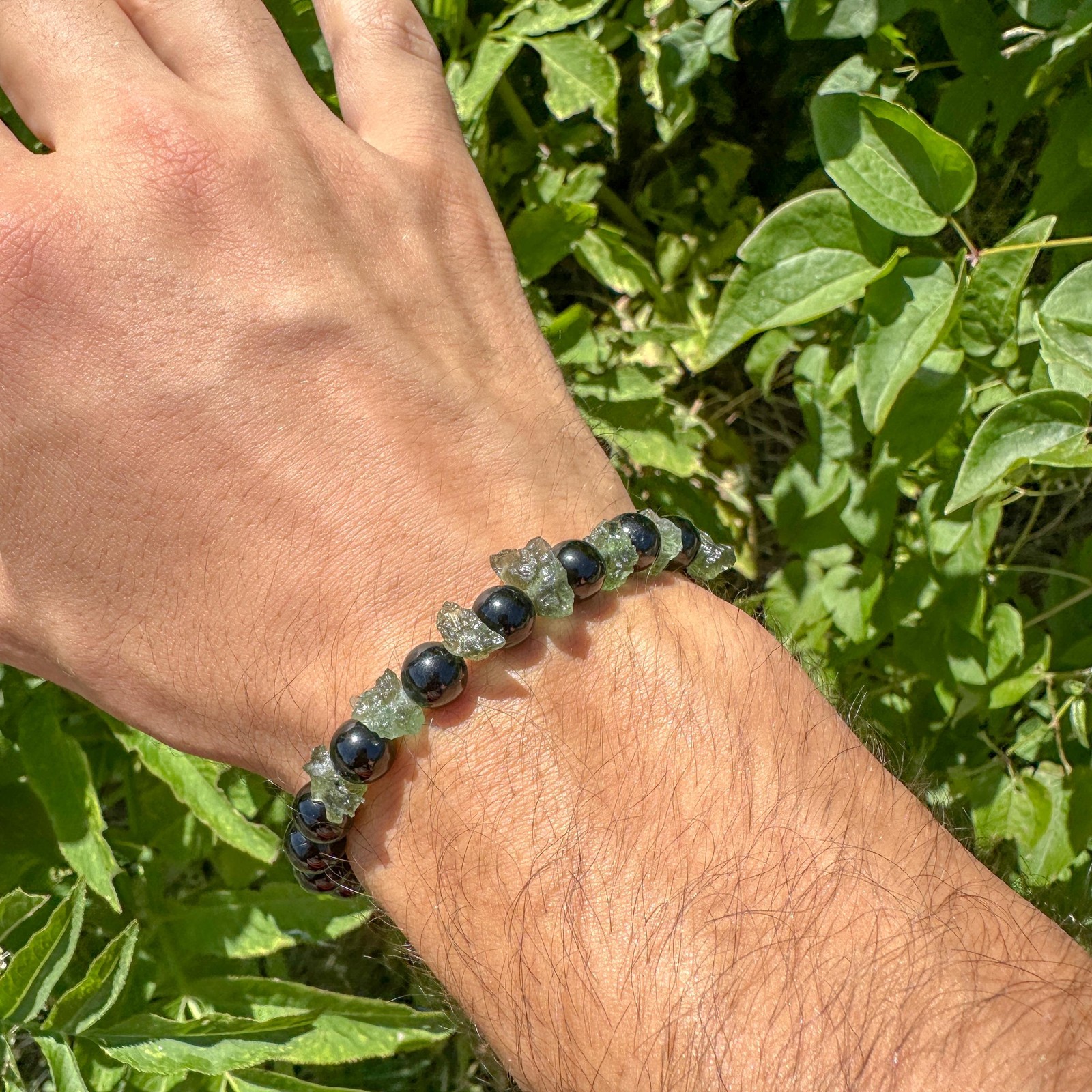 Black Tourmaline + Moldavite Bracelet / Raw Natural Green Czech Republic Tektite