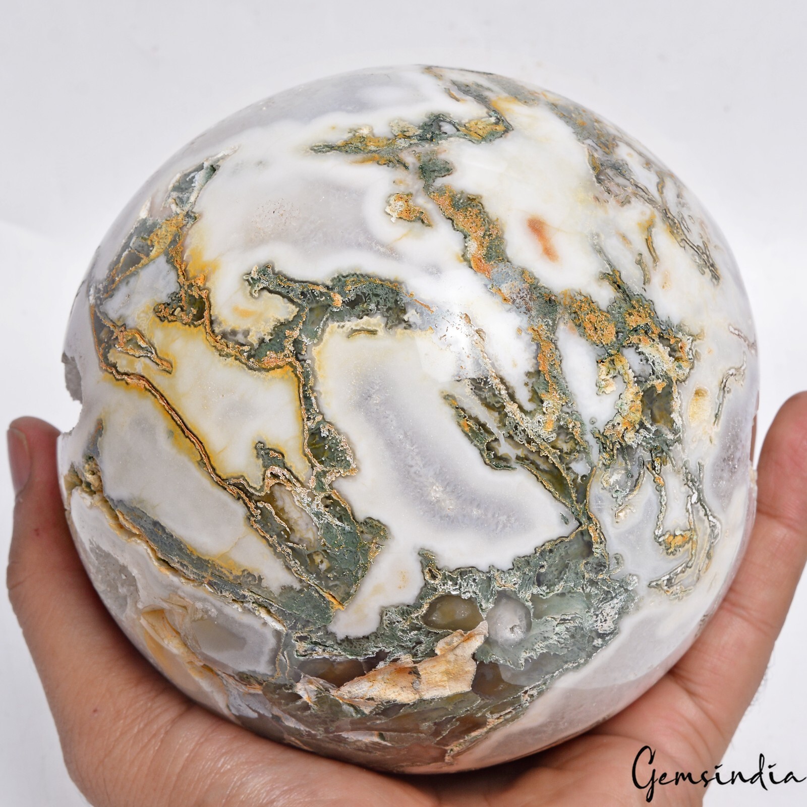 2.7 Kg Natural Moss Agate Crystal Druzy Sphere With Wood Stand 5″ Round Ball