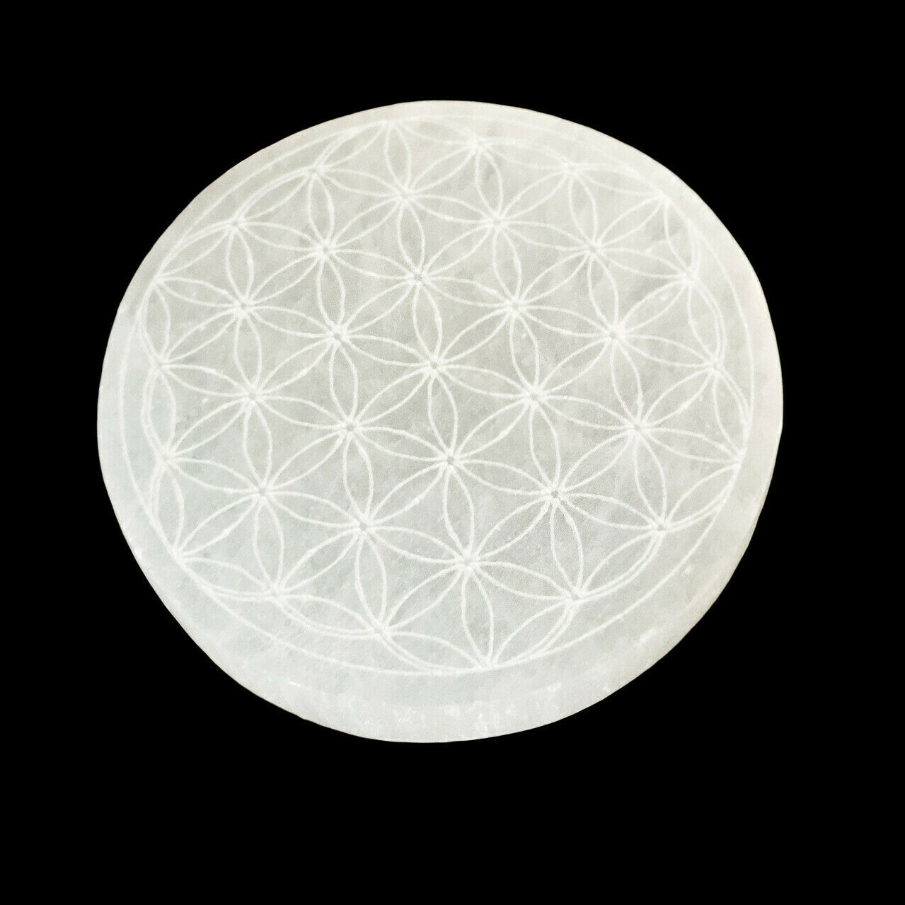 Selenite Crystal Charging Plate 3 ” Sacred Geometry Engraved Circle Disc Reiki