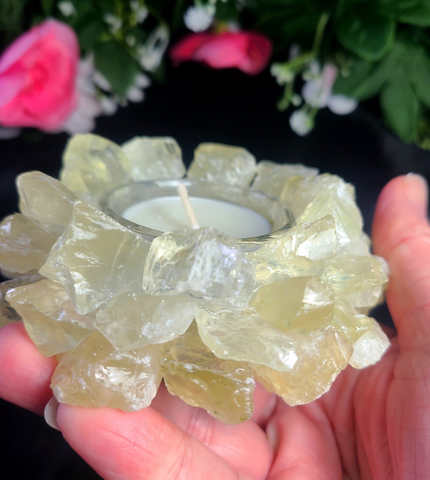 Large 4″ Pretty Citrine Quartz Tea Light or Sphere Stand Crystal Ball Holder