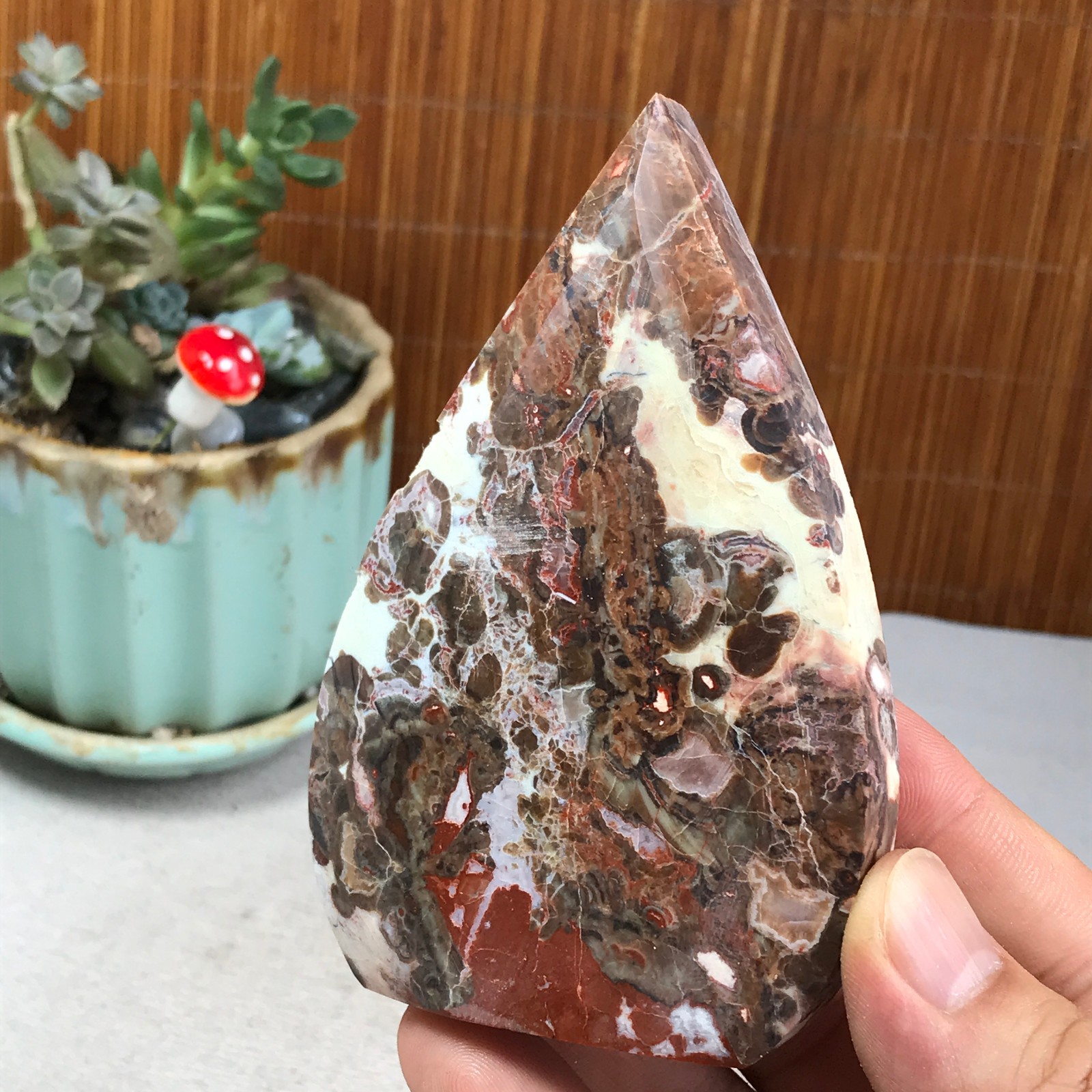 Natural money Mexico agate hand carve leaf Crystal Specimen free standing A6272
