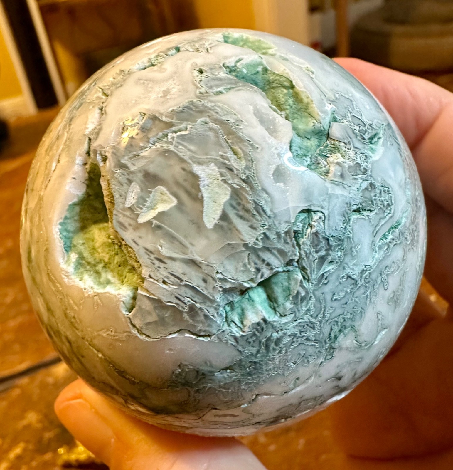 Light green moss agate crystal sphere with gold metal stand Free shipping