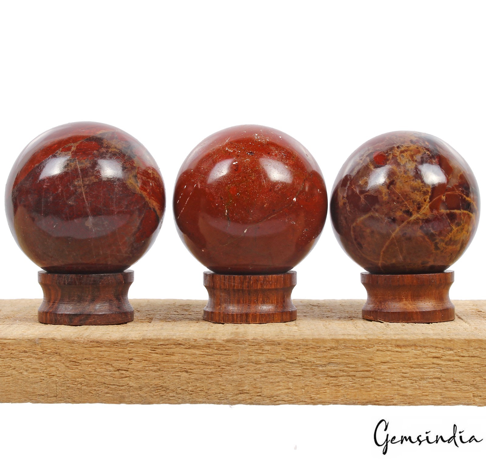 3 Pcs Natural Red Jasper Sphere Set+ Wooden Stands- Bulk Crystal Ball Collection