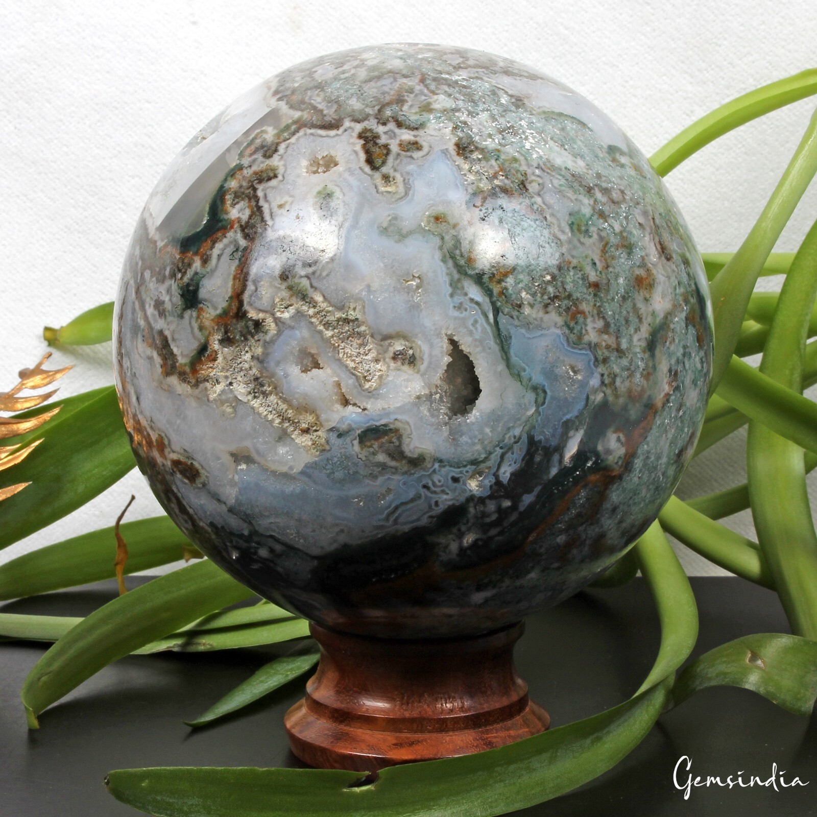 4.25 in Large Natural Moss Agate Geode Druzy Sphere Quartz Crystal Ball Healing
