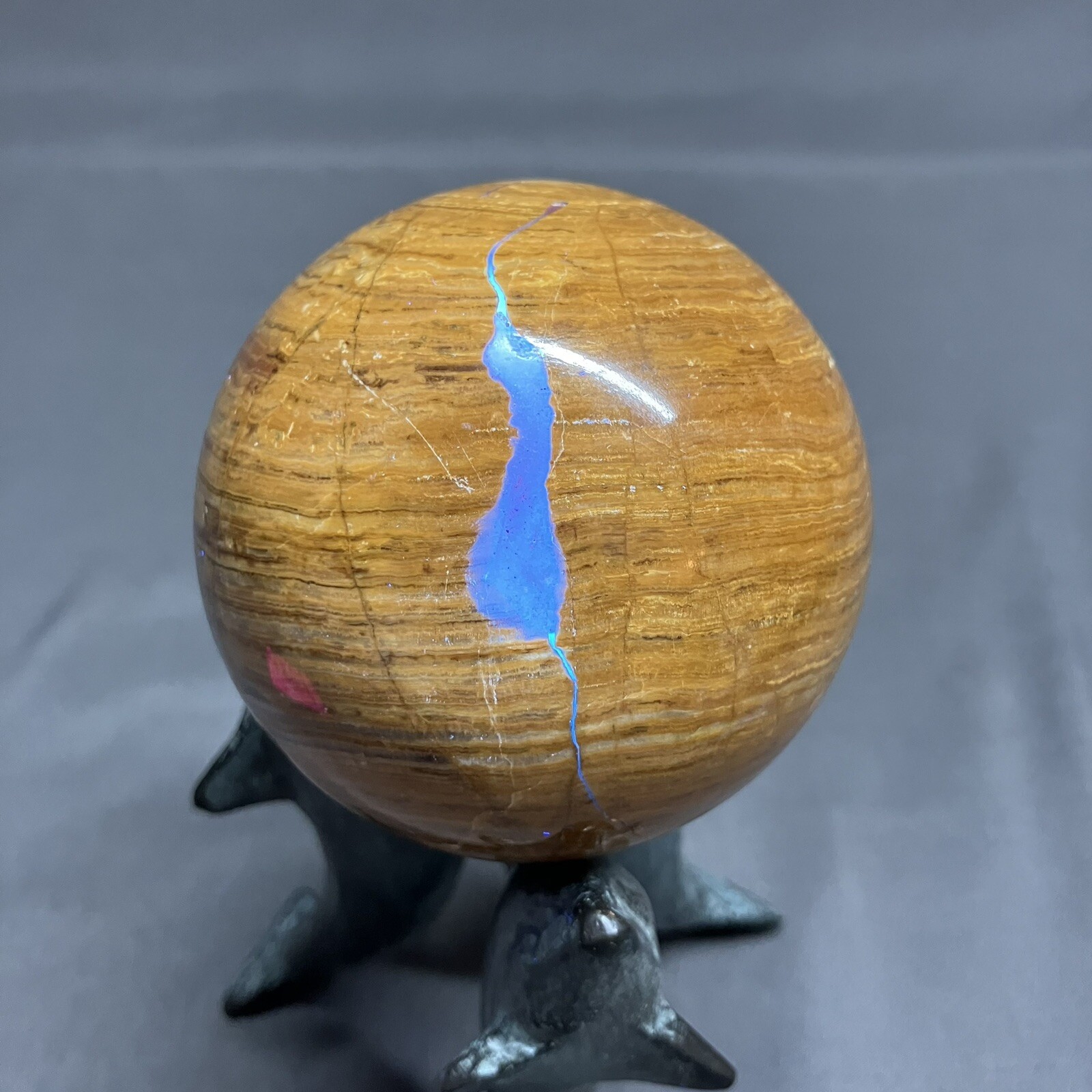 3” Banded Gemstone Dolphin Stand / Onyx ? Stone / Sphere Ball / 76mm / REPAIRED