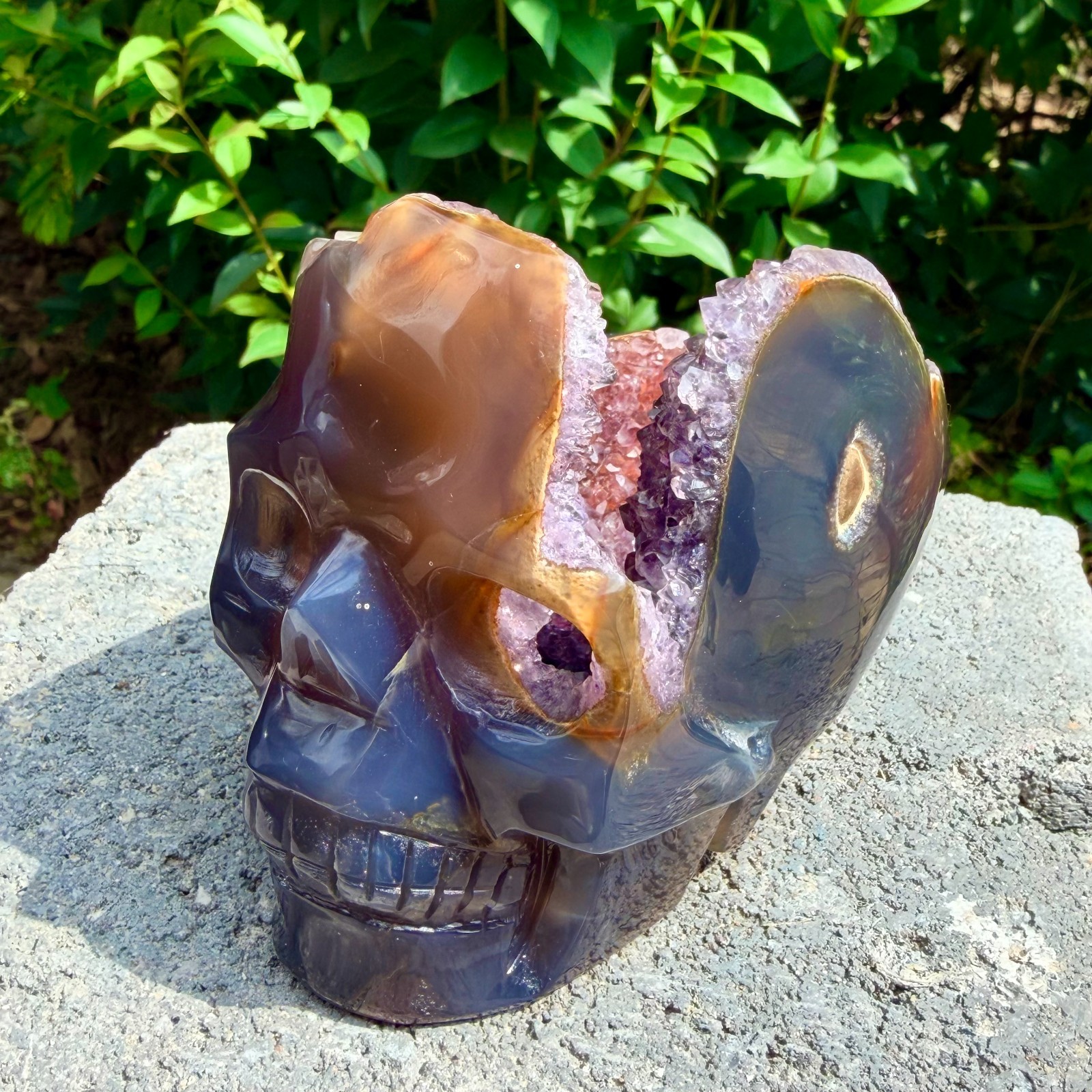 632g Amethyst agate crystal cave skull, Rare hand carved skull specimen